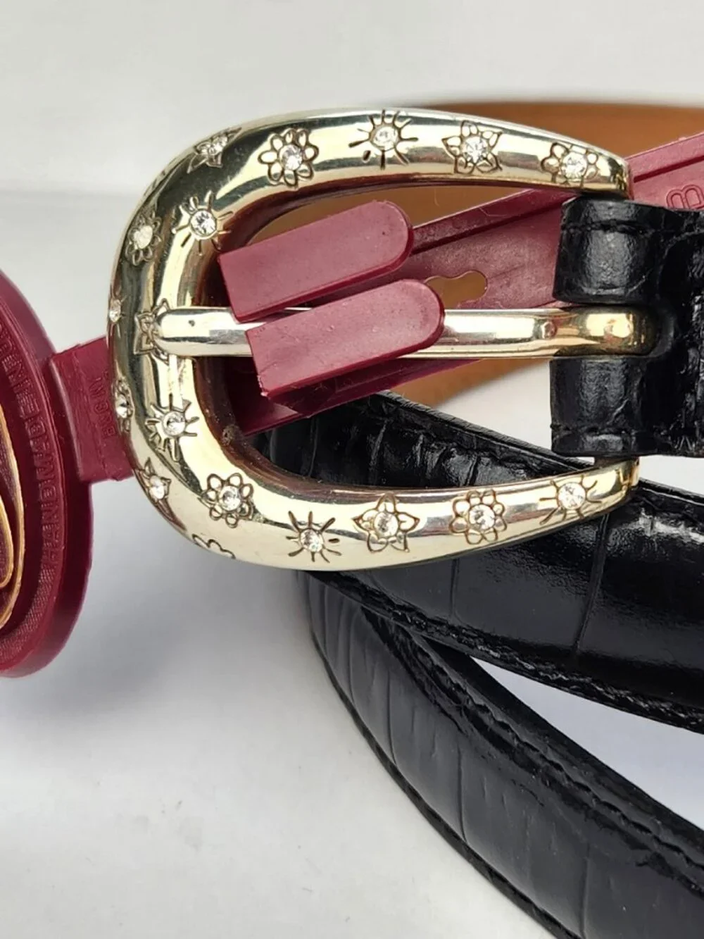 Brighton Women's Croc Embossed Leather Belt Silver Heart & Crystals L/34 B10483